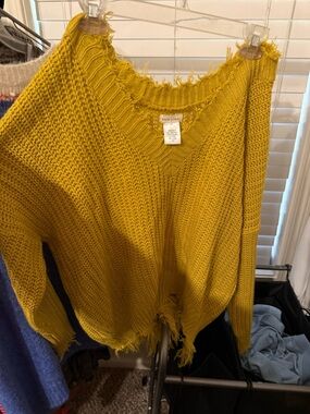 Main Strip Women's Mustard Distressed V-Neck Knit Sweater